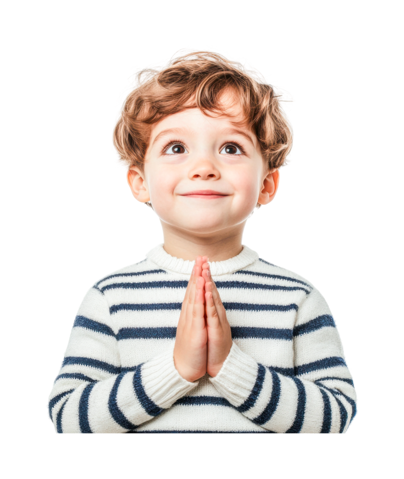 Joyful caucasian young child praying with hope and happiness, cut out png