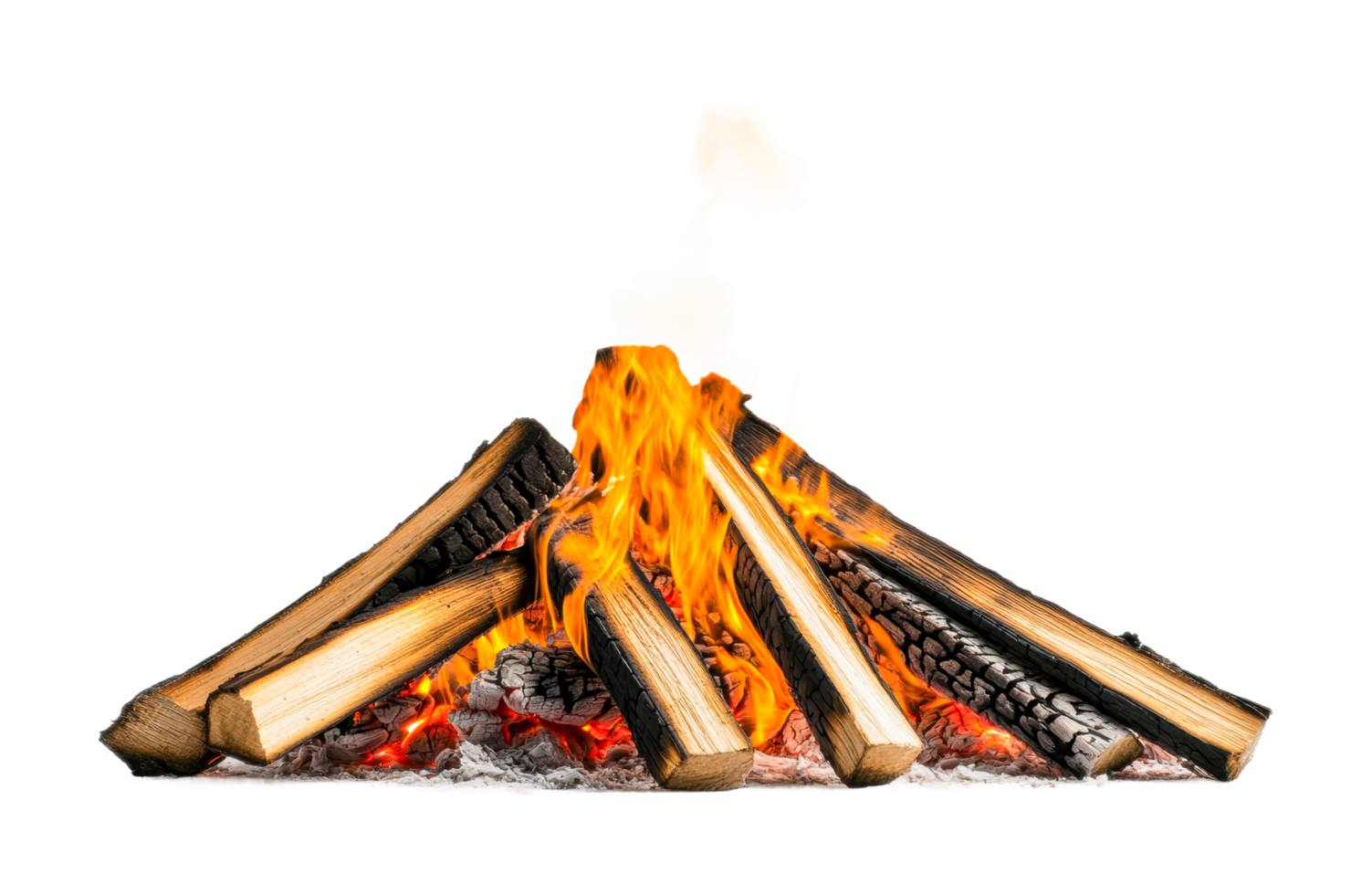 Wooden logs arranged in triangle formation burning with bright flames, cut out png