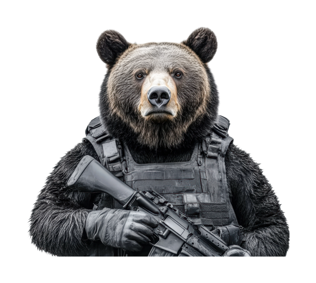 Bear in tactical gear holding a rifle, cut out png