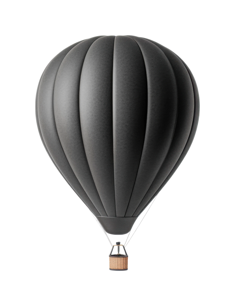 Black hot air balloon isolated on dark background, cut out png