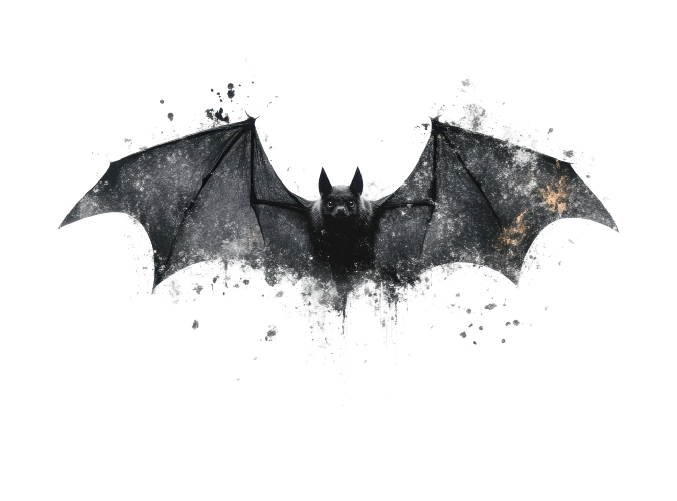 Artistic bat illustration with spread wings and ink splatter design, cut out png