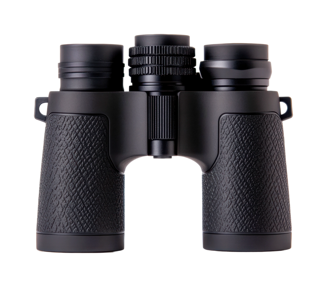 Black textured binoculars with central focus knob for outdoor observation, cut out png