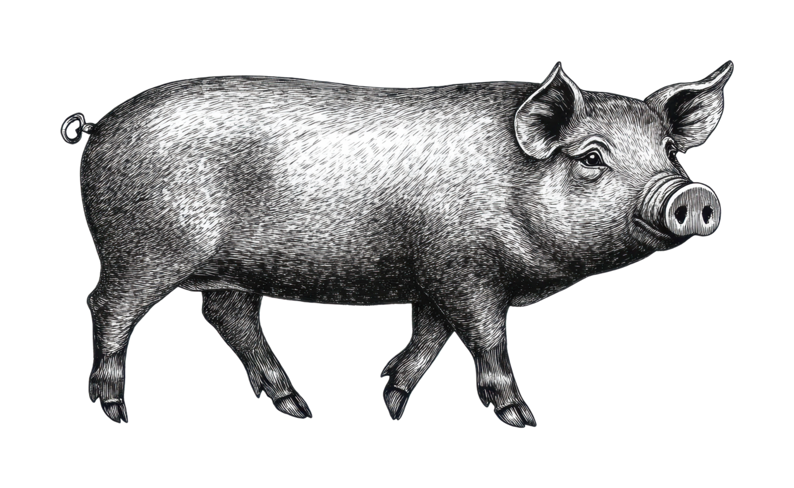 Detailed pig engraving art with intricate shading and texture, cut out png