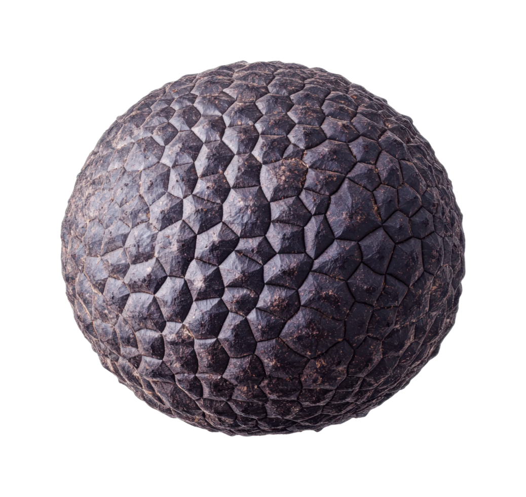 Textured hexagonal sphere with stone-like surface pattern, cut out png