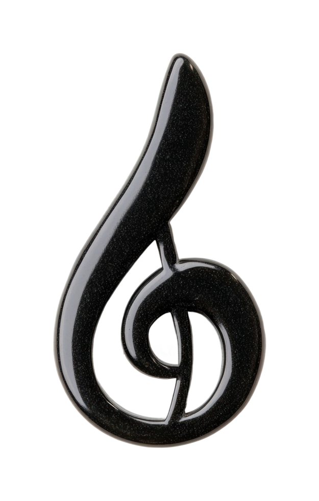 Glossy black musical treble clef symbol on black background, cut out png