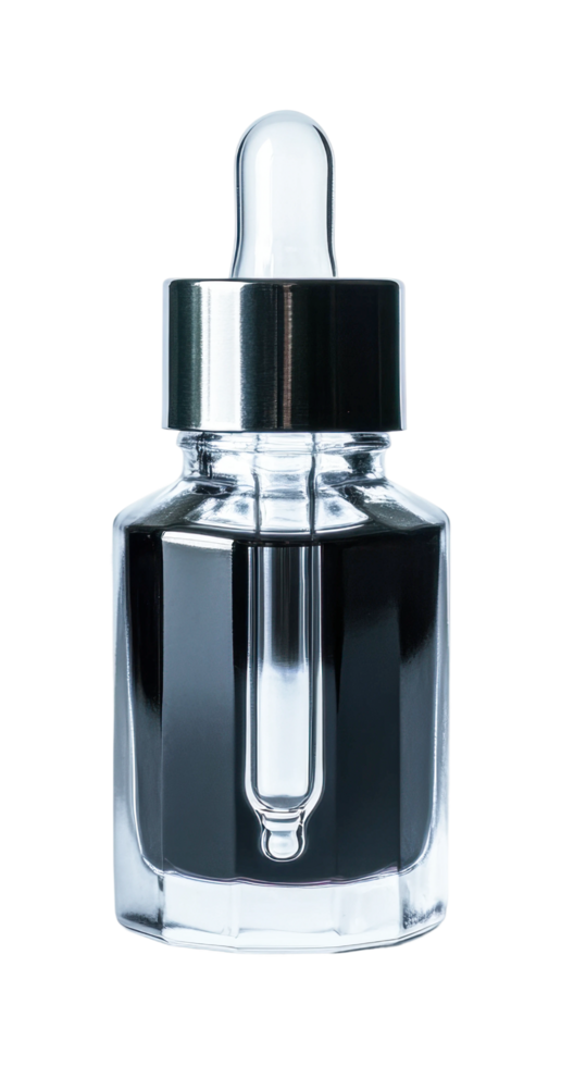Clear glass bottle with dropper for essential oils or serum, cut out png