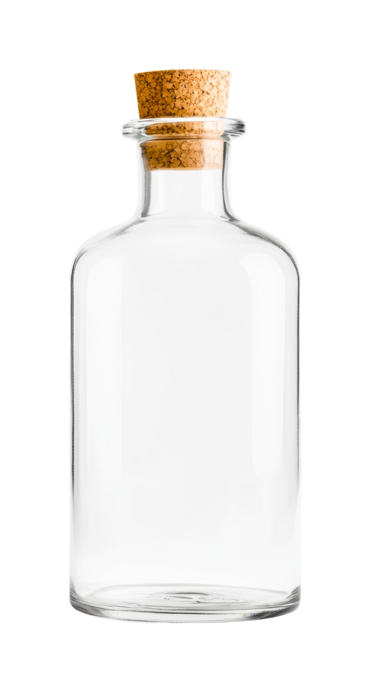 Transparent glass bottle with cork stopper, cut out png