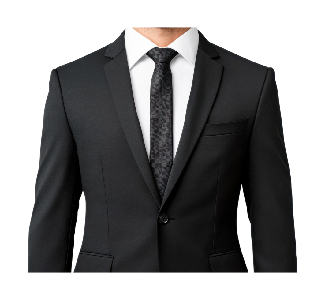 Formal attire of caucasian male in black suit and tie, cut out png