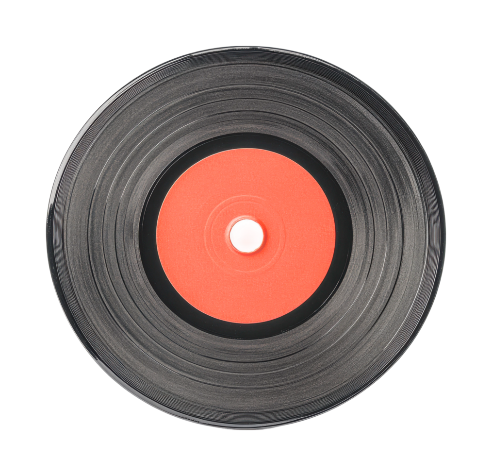 Classic vinyl record with bright red center label, cut out png