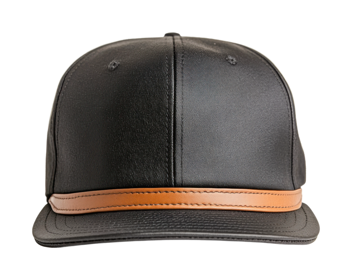Front view of black cap with brown leather strap on brim, cut out png