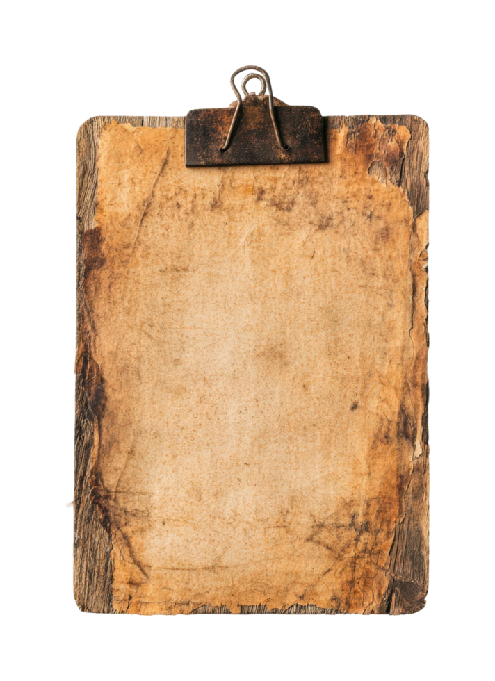 Ancient clipboard with rustic metal clip and weathered paper, cut out png