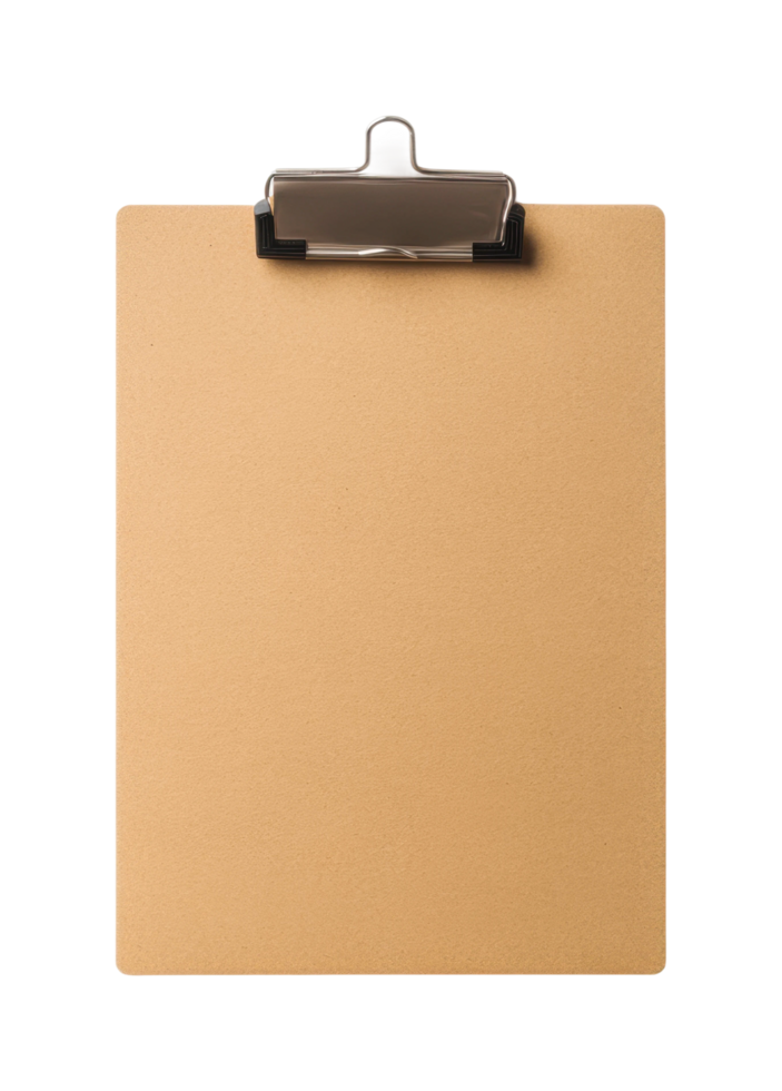 Brown clipboard with metal clip for organizing documents, cut out png