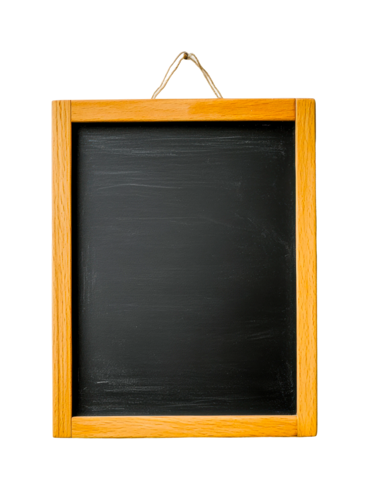 Blank square chalkboard with wooden frame for educational use, cut out png