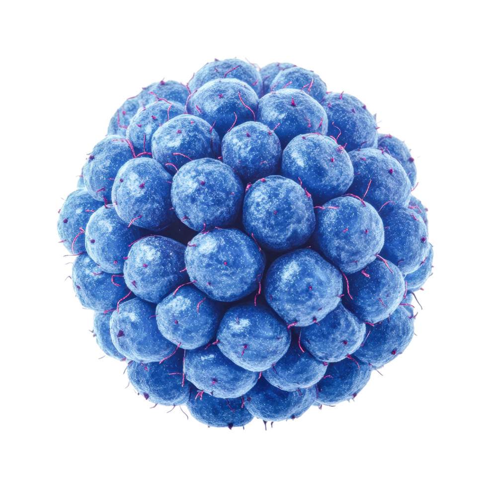 Close-up of a blue raspberry with detailed texture and frost, cut out png
