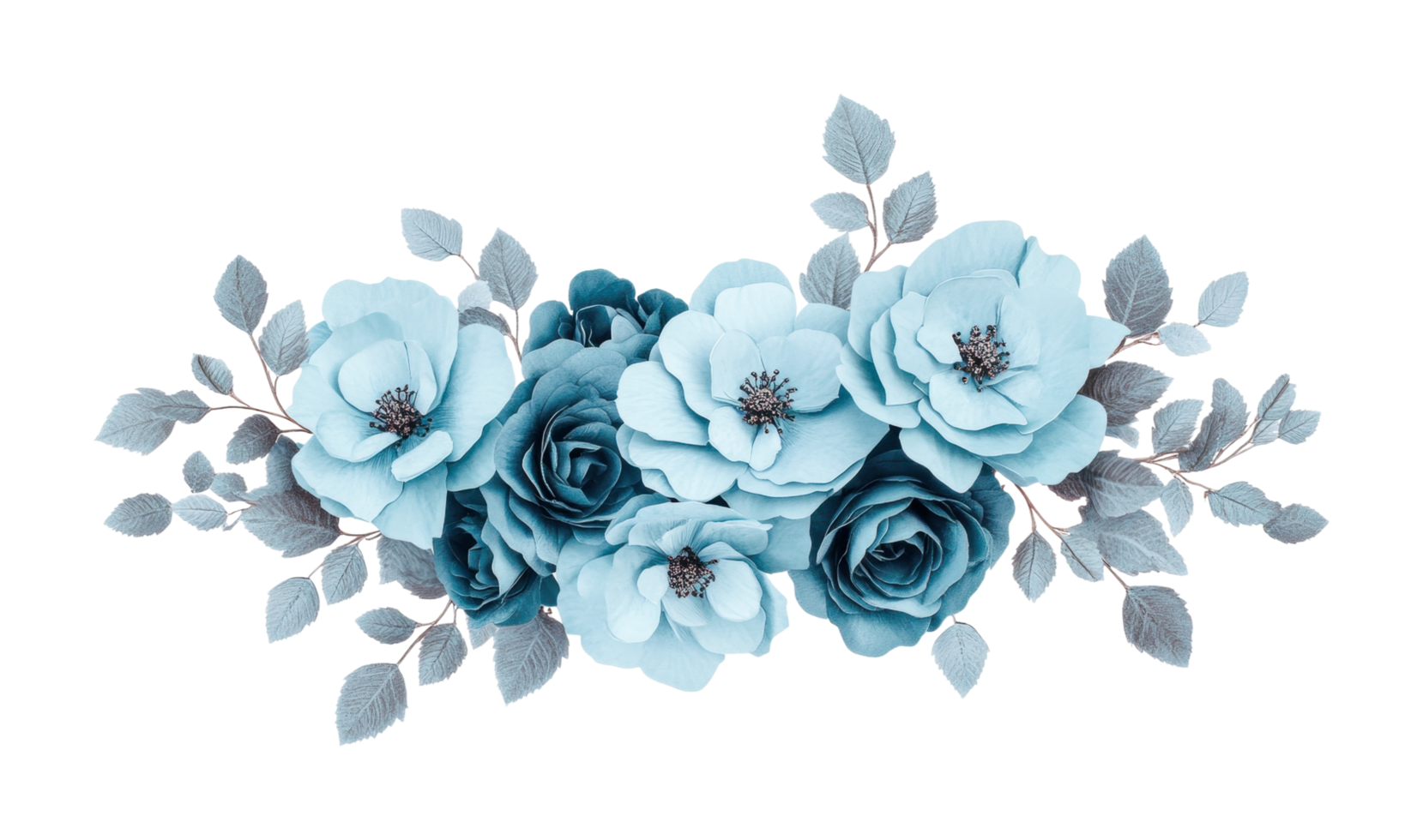Blue paper flowers and leaves arrangement, cut out png