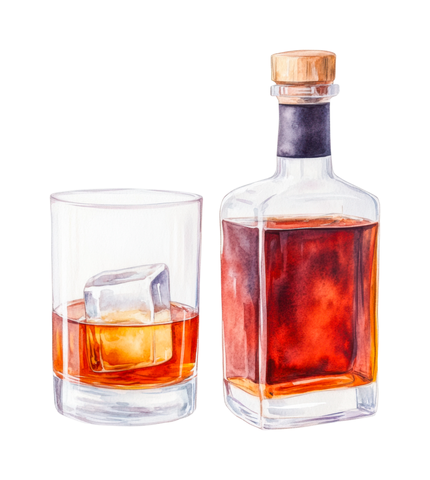 Whiskey bottle and glass with ice cube, cut out png