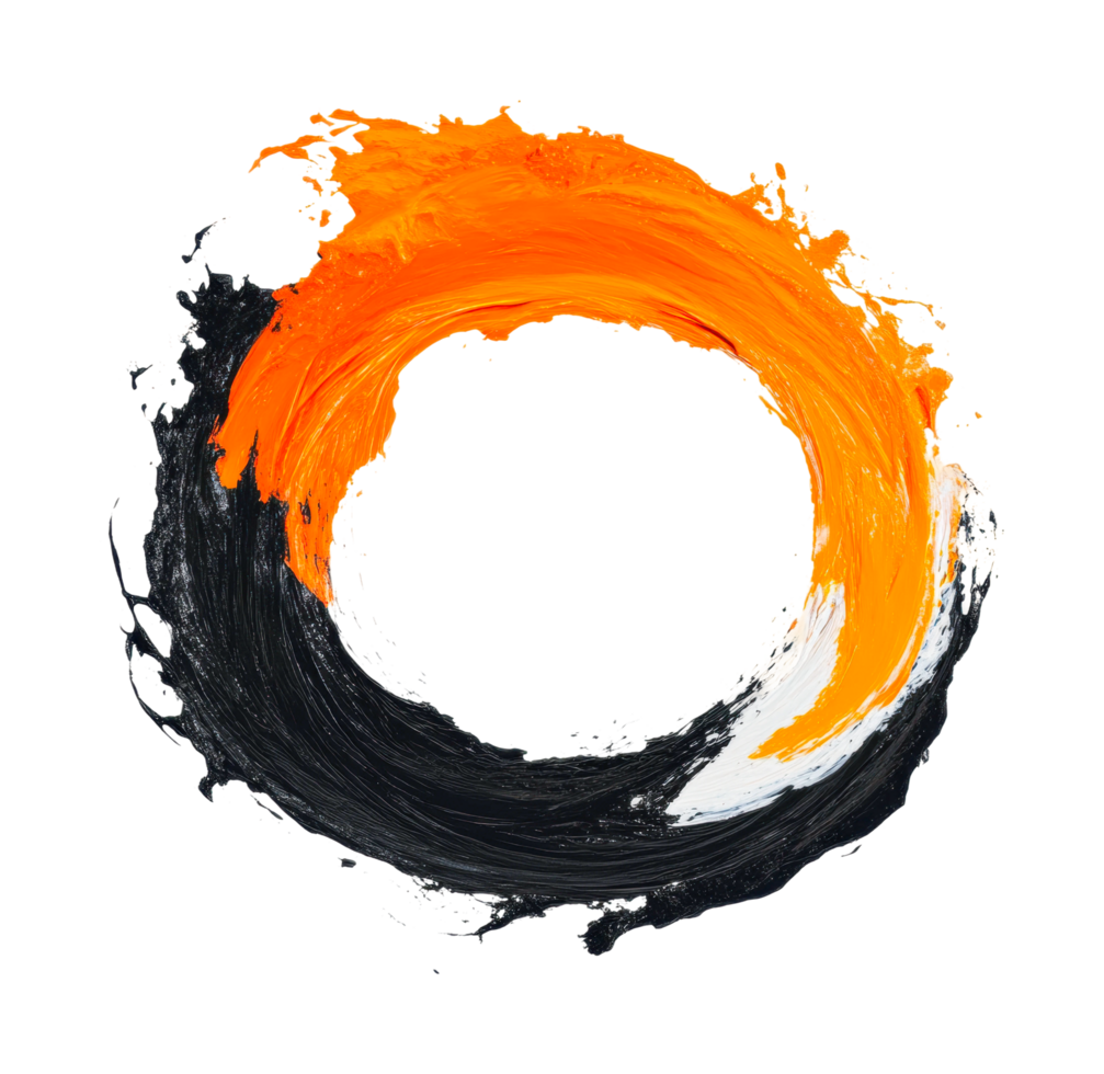 Abstract circular brush stroke in orange and black with zen influence, cut out png