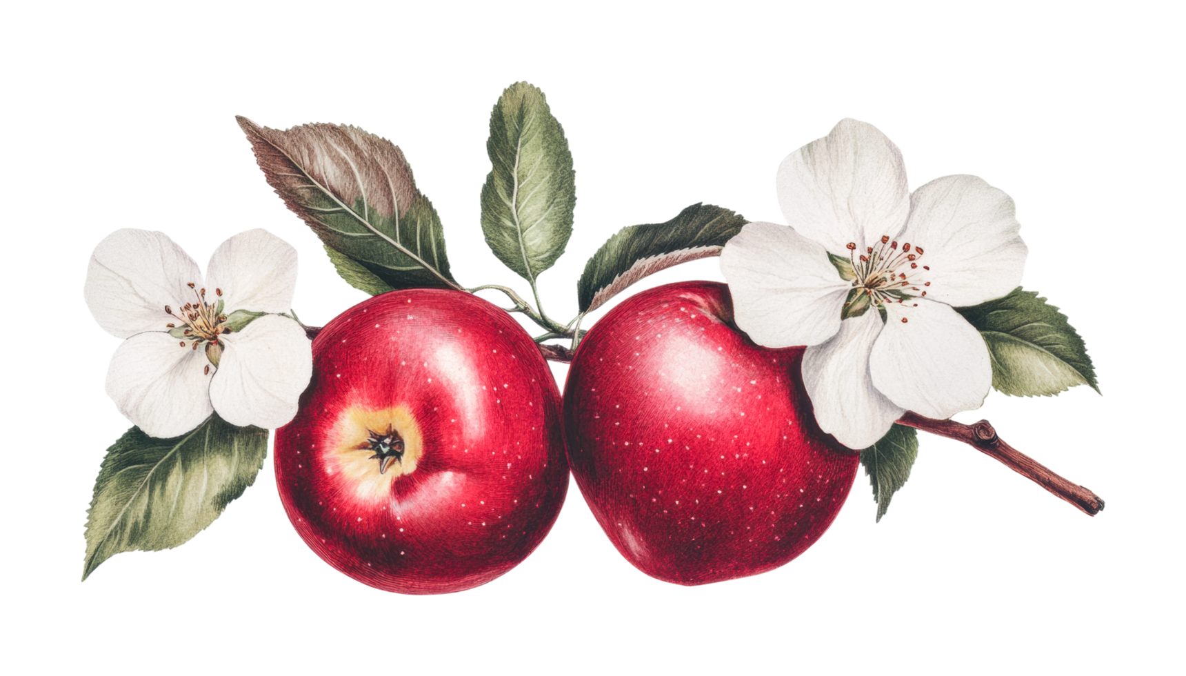 Red apples with white blossoms and green leaves, cut out png