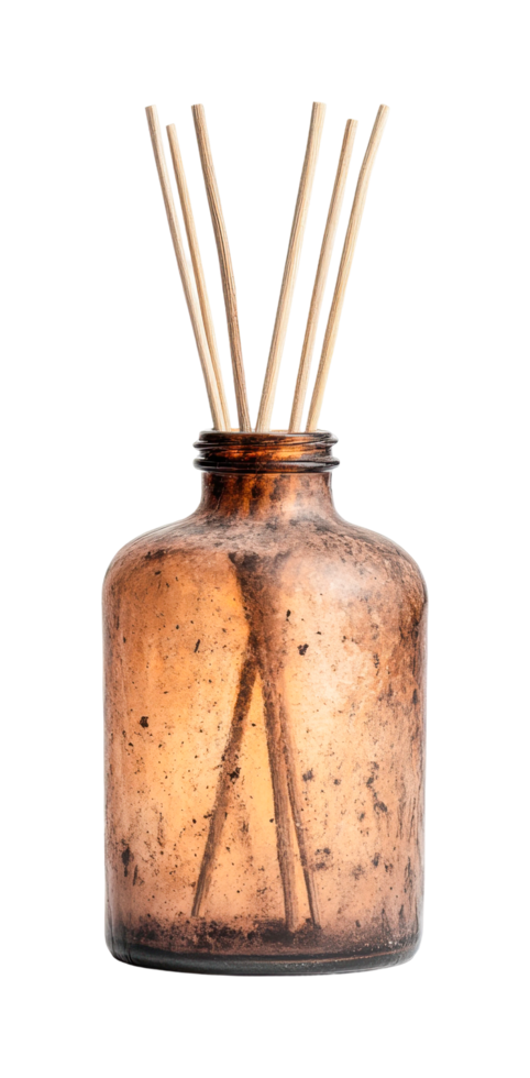 Vintage amber glass reed diffuser with fragrance sticks, cut out png