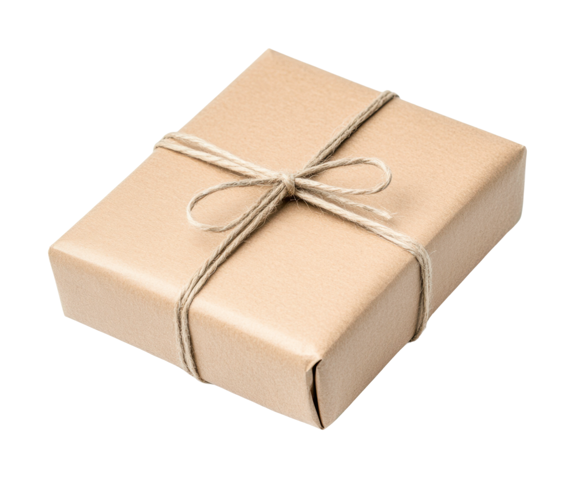 Simple brown gift box with twine bow on top, cut out png