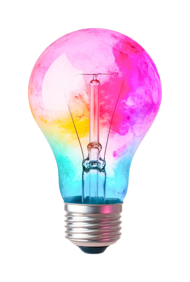 Vibrant multicolored light bulb with creative artistic design, cut out png