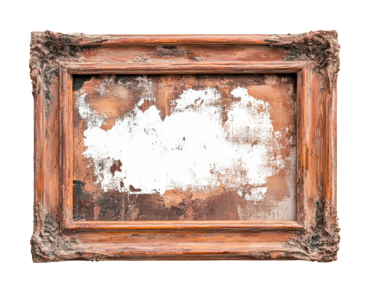 Weathered antique wooden frame with rustic textured finish, cut out png