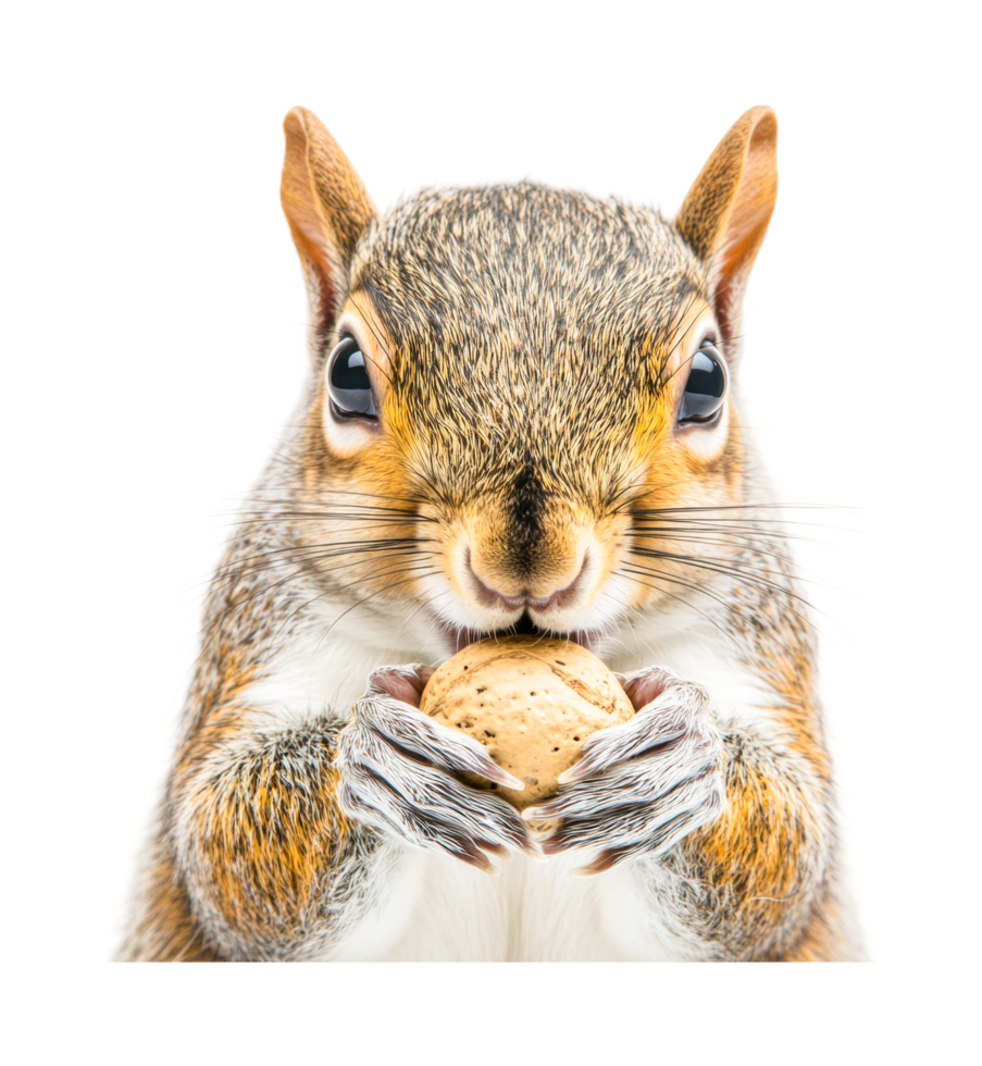 Close-up of a squirrel holding a nut with focused gaze, cut out png