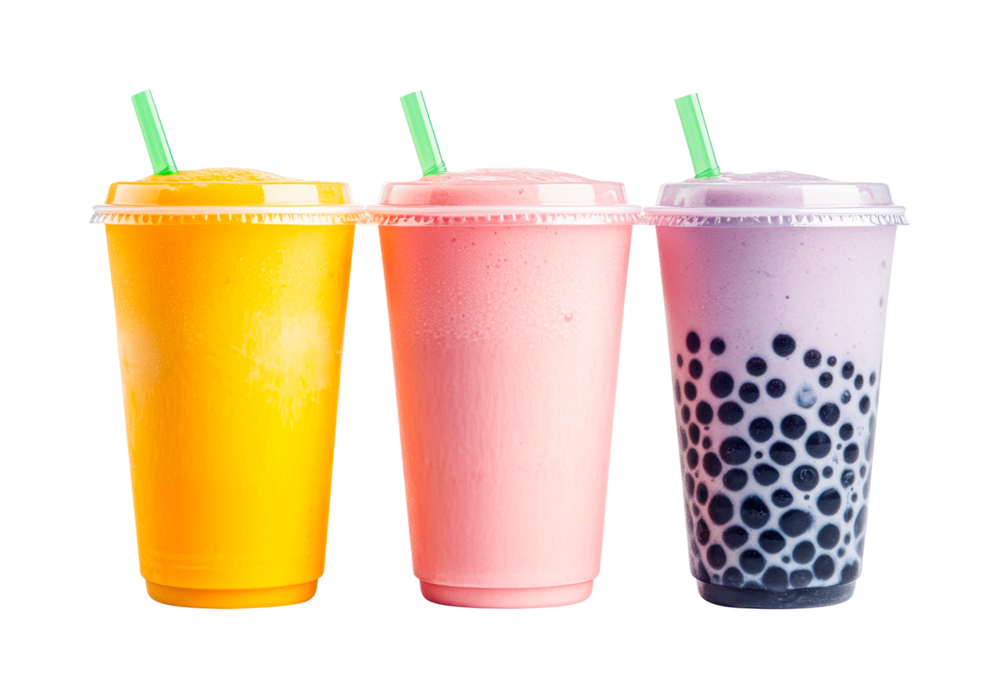 Three colorful bubble tea drinks with tapioca pearls and straws, cut out png