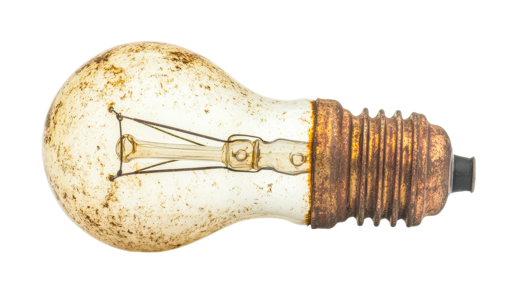 Rusty vintage light bulb with exposed filament on white background, cut out png