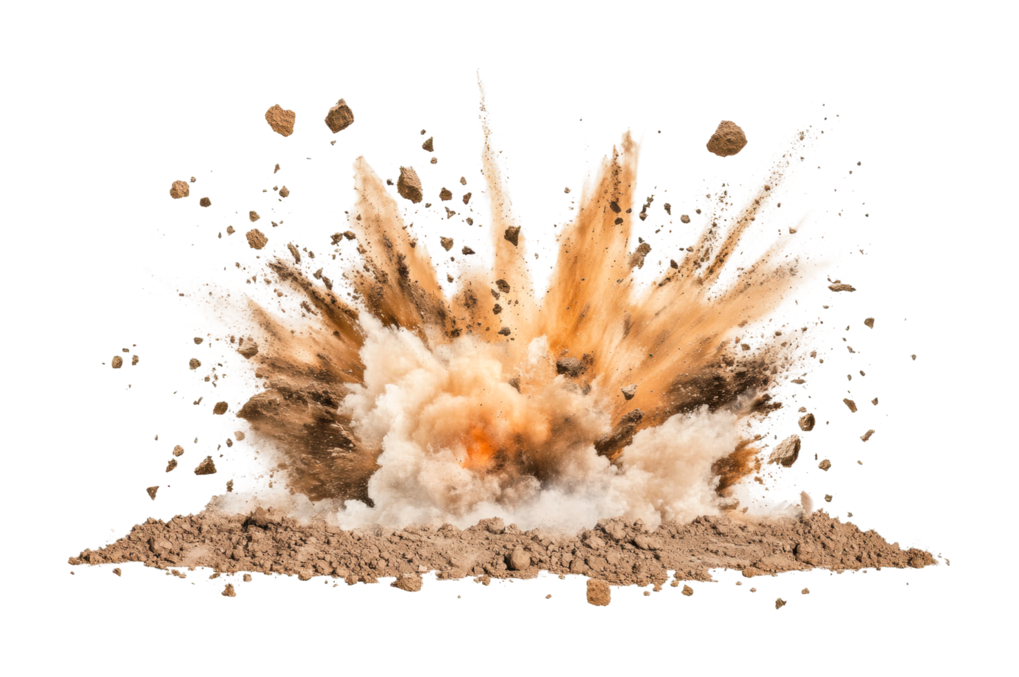 Dramatic explosion with debris in motion and dust cloud impact, cut out png