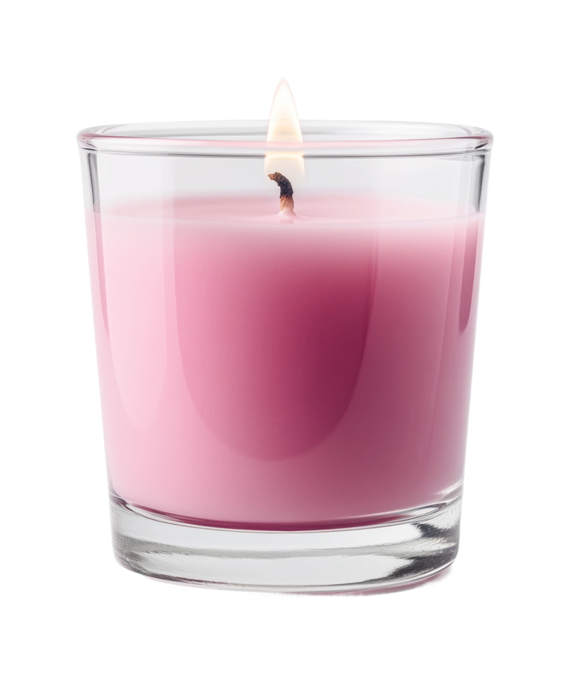 Pink scented candle in glass jar with flickering flame, cut out png