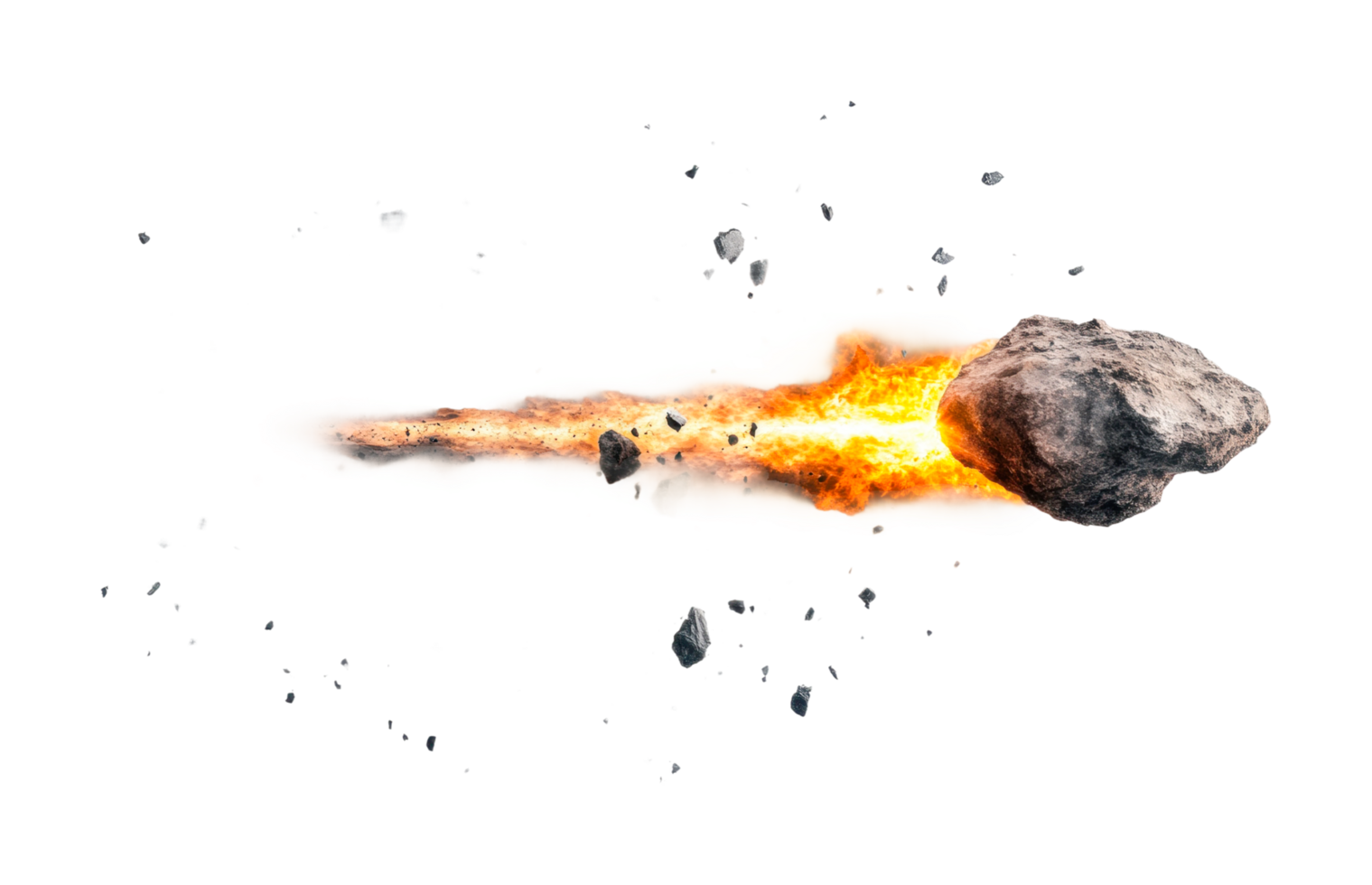 Fiery meteor entering earth's atmosphere with explosive trail of debris and flames, cut out png