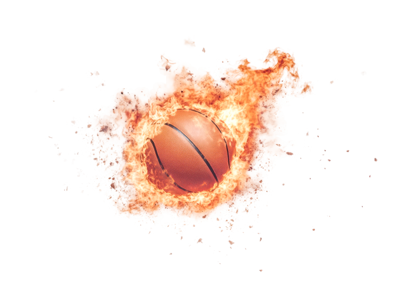 Flaming basketball in mid-air explosion with dynamic fire effects, cut out png