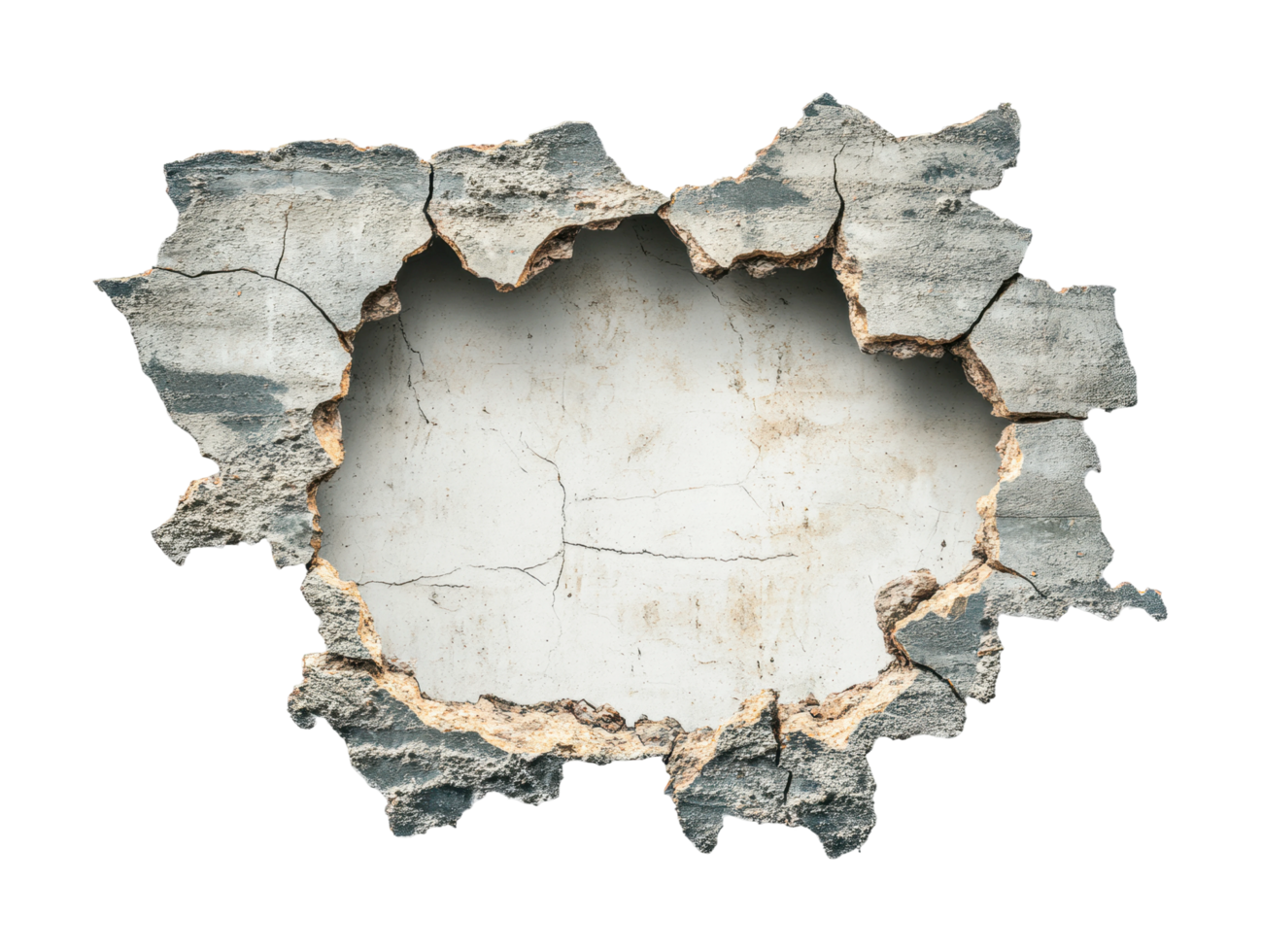 Cracked concrete wall with jagged hole in center exposing raw edges and texture, cut out png