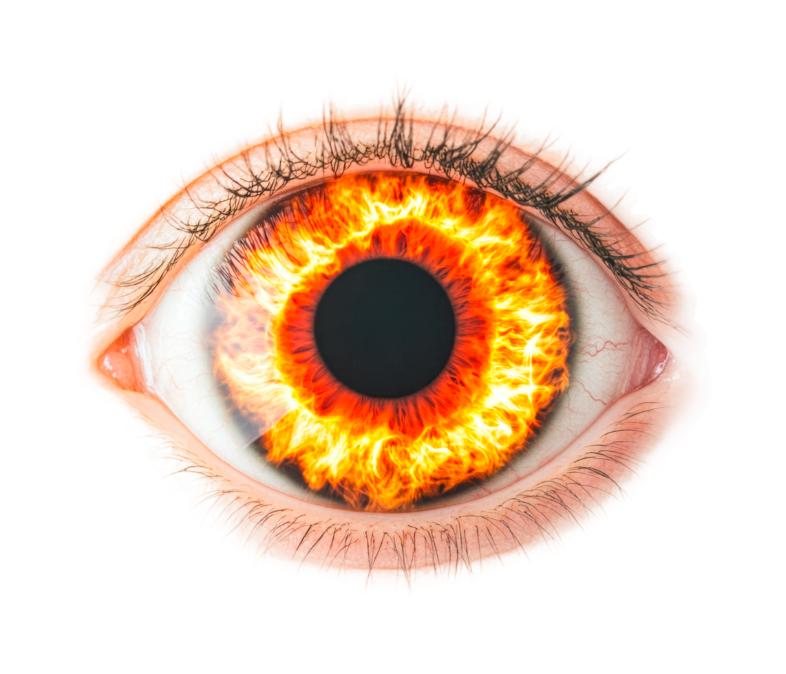 Close-up of fiery eye with intense flames in iris, cut out png