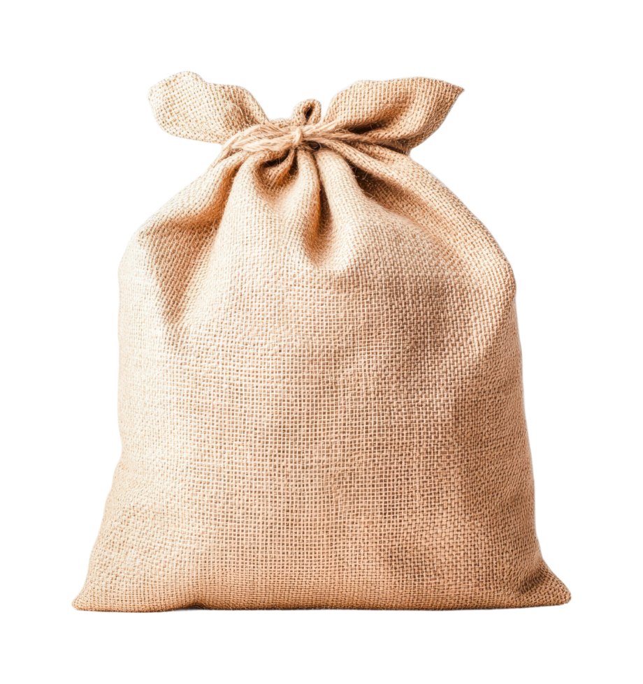 Large burlap sack filled and tied at the top, cut out png
