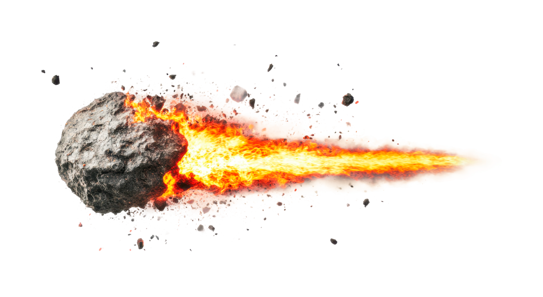 Fiery meteor with glowing trail and scattered debris, cut out png