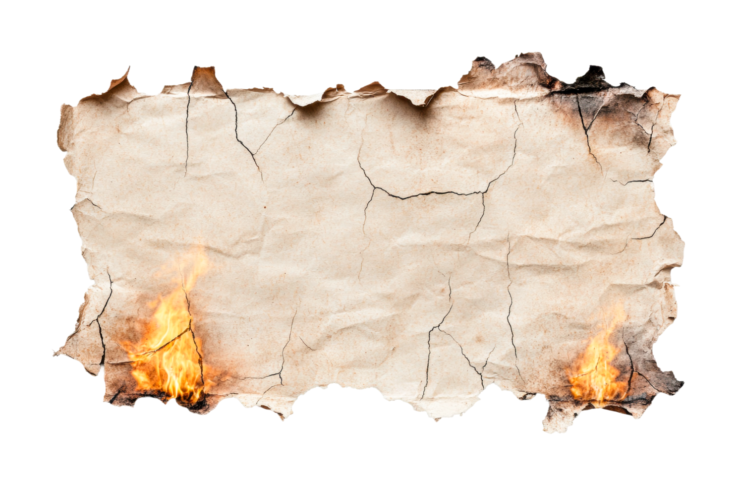 Burnt vintage paper with fire on edges, cut out png