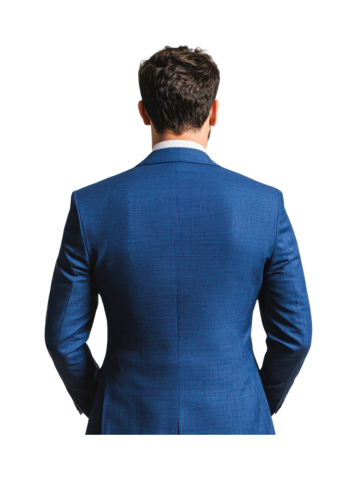Rear view of caucasian male adult in blue suit standing, cut out png