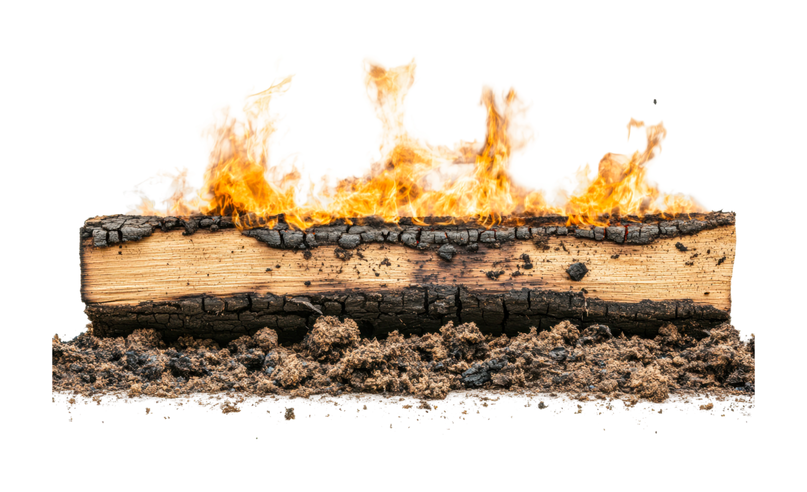 Burning log in flame with charring and ashes visible, cut out png