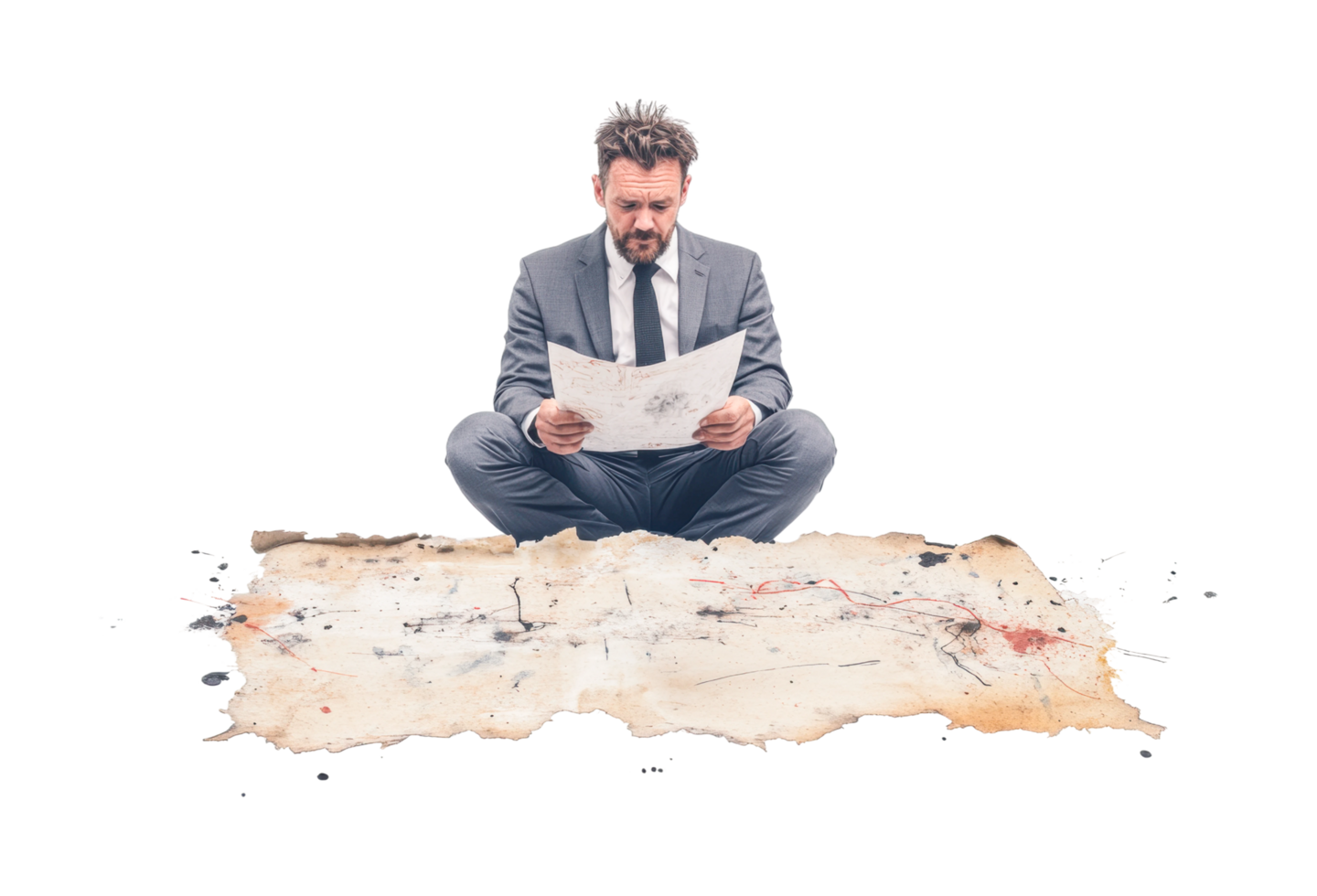 Young caucasian male reading a map in a formal suit while sitting on the floor, cut out png