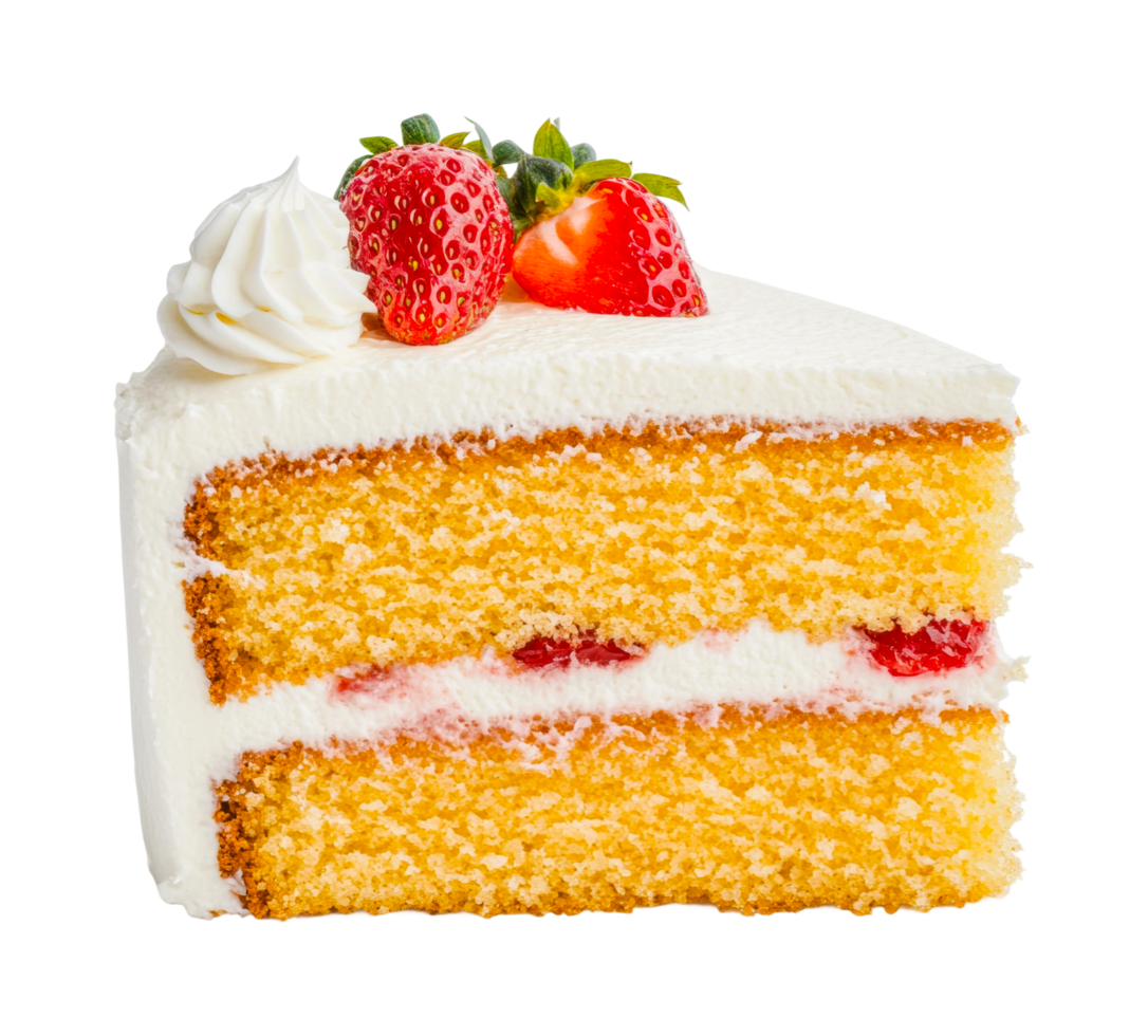 Fresh strawberry topped vanilla cake slice with whipped cream, cut out png