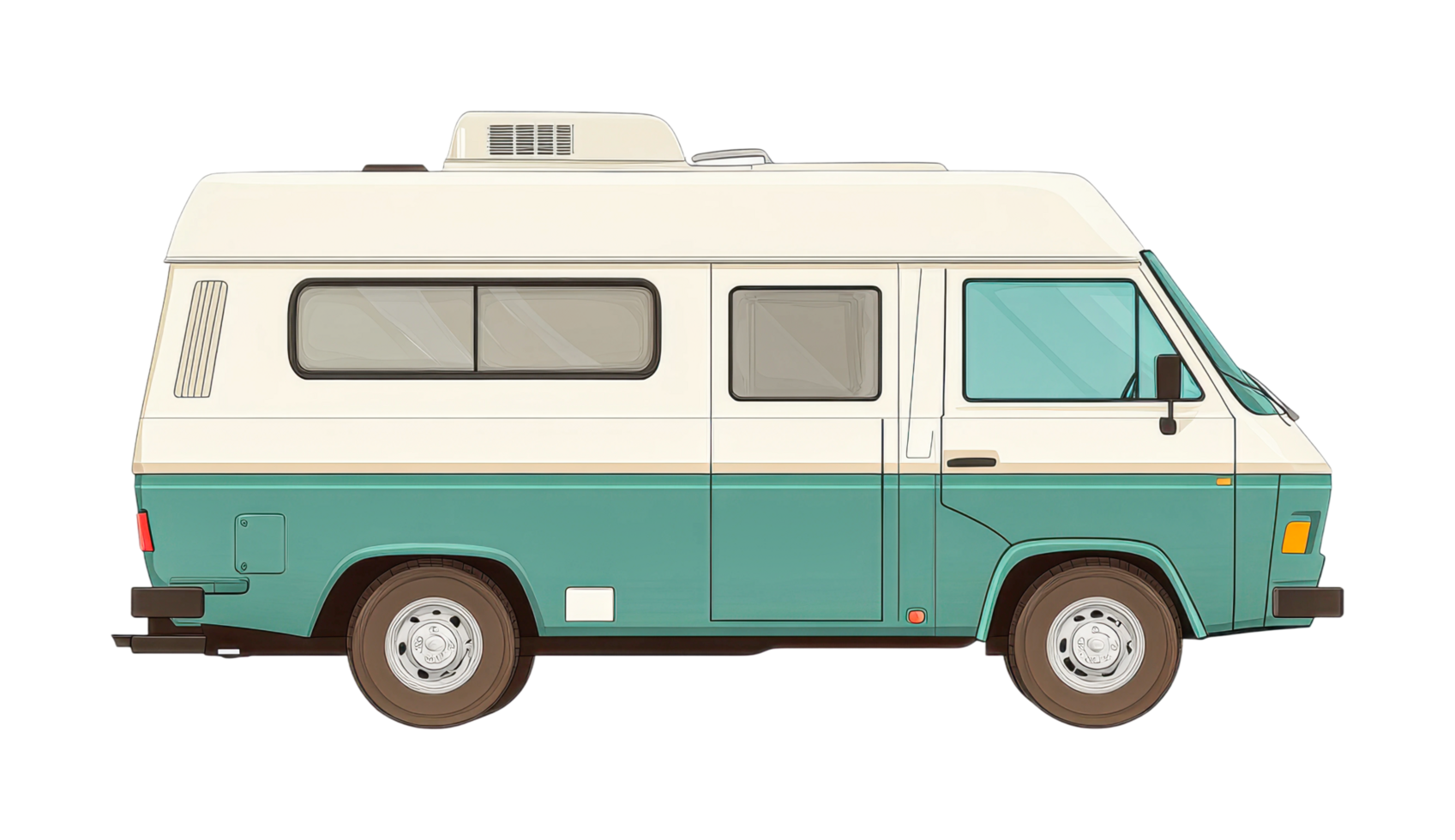 Retro camper van side view illustration with vintage design elements, cut out png