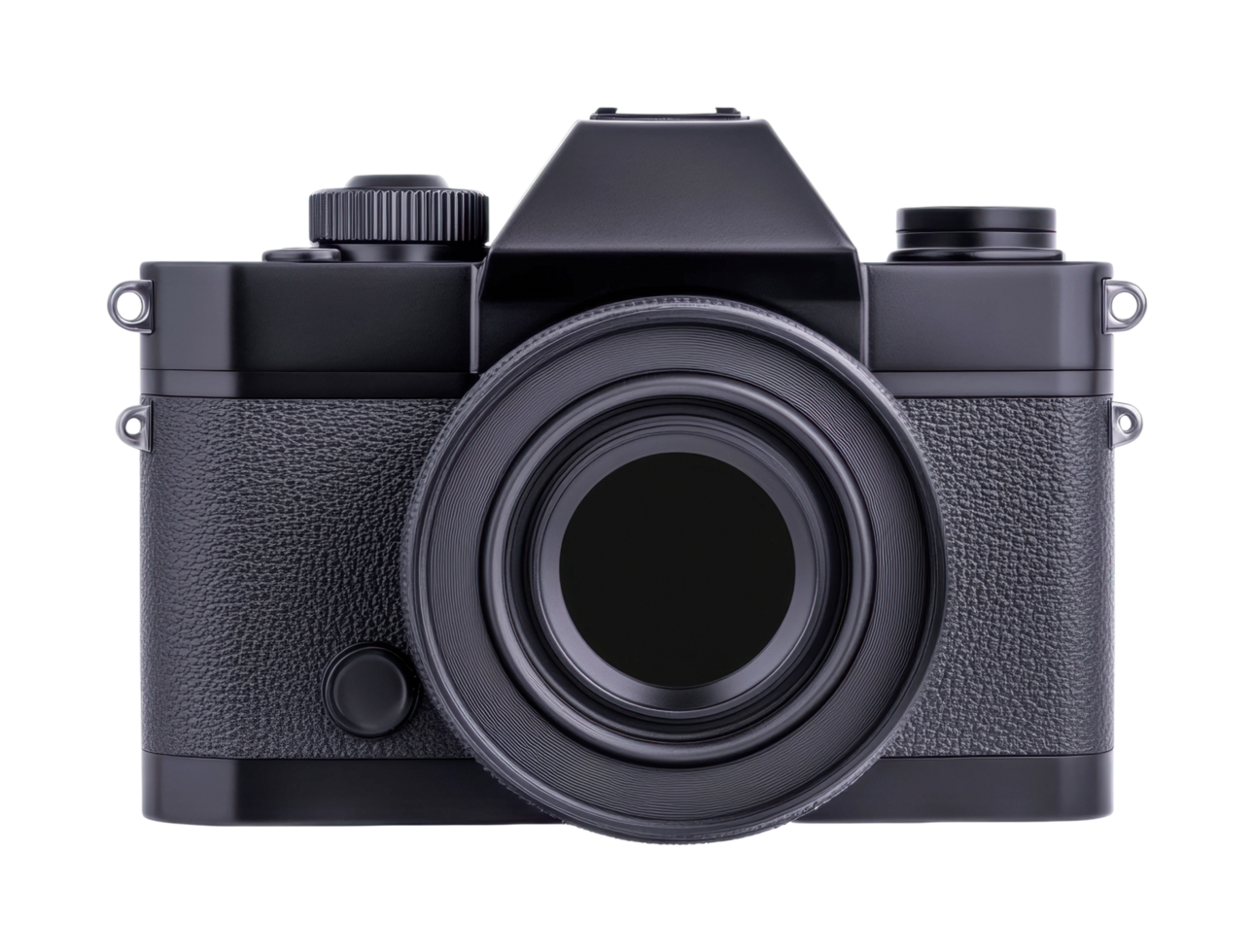 Vintage film camera front view with detailed lens and body design, cut out png