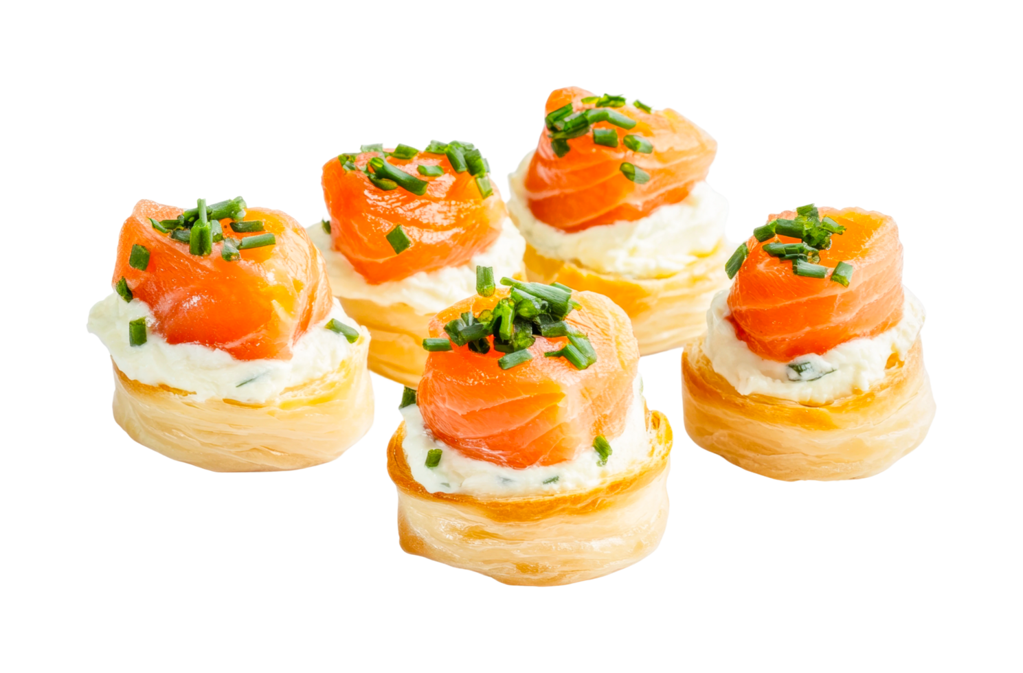 Gourmet smoked salmon canapes with cream cheese and chives, cut out png