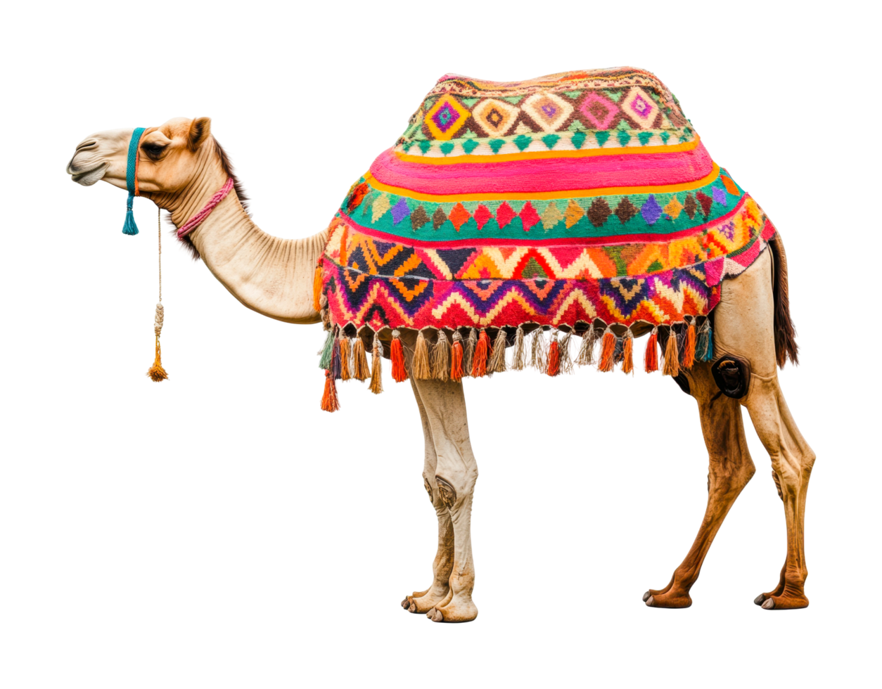 Exotic camel draped in vibrant multicolored textile with geometric patterns, cut out png