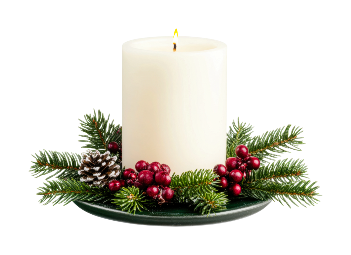 Festive candle arrangement with evergreens and berries, cut out png