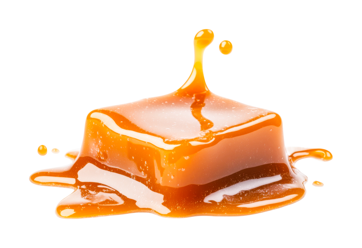 Sweet caramel splashing over cube with vibrant drops, cut out png