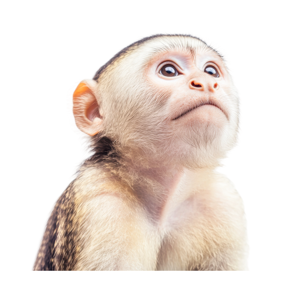 Adorable young monkey looking upward with thoughtful expression, cut out png