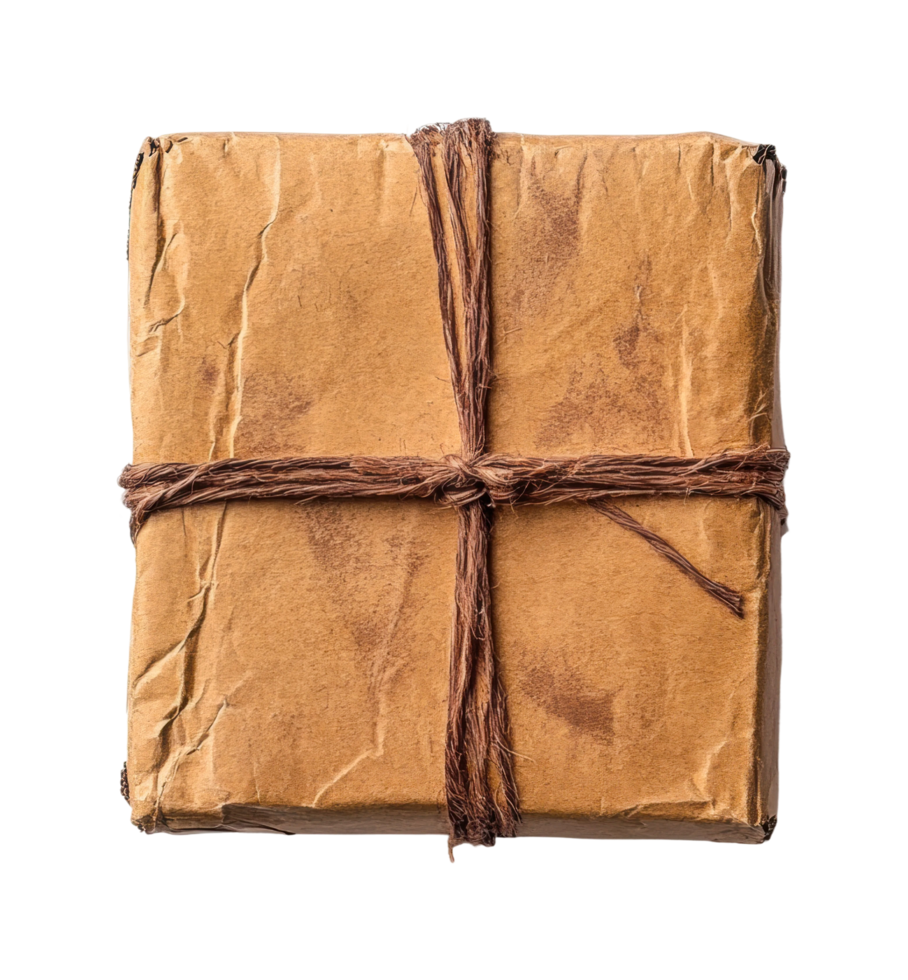 Rustic brown paper package with twine string tied in a classic knot, cut out png